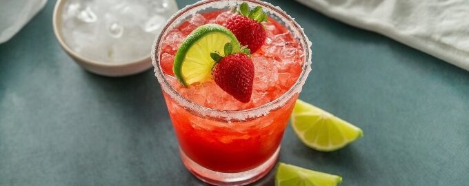 A vibrant strawberry margarita cocktail in a glass with a salted rim